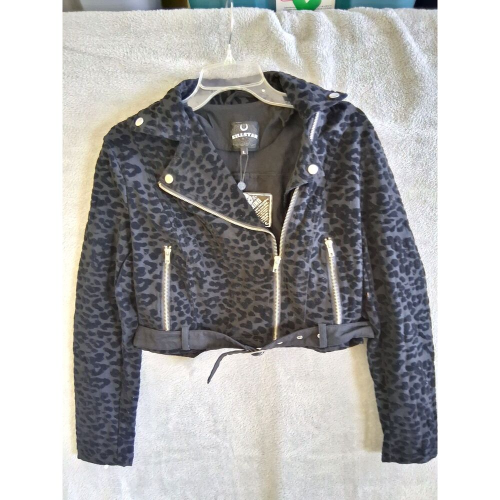 Killstar Sz Lg Claw Black Biker Cropped Jacket Flocked Leopard Print Goth New - Picture 11 of 12